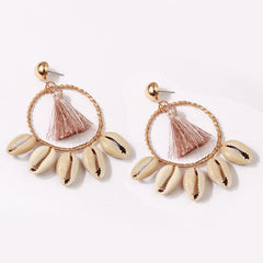 Summer Knit Wicker Sea Shell Tear Hoop Earrings