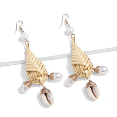 Summer Knit Wicker Sea Sell And Pearl Fish Hook Drop Earrings