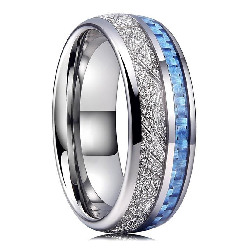 Men's 8mm Blue Stone and Meteorite Inlay Polished Silver Dome Tungsten Carbide Ring