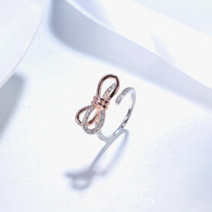 Women's Adjustable Crystal Bow CZ Copper and Silver Plated Ring