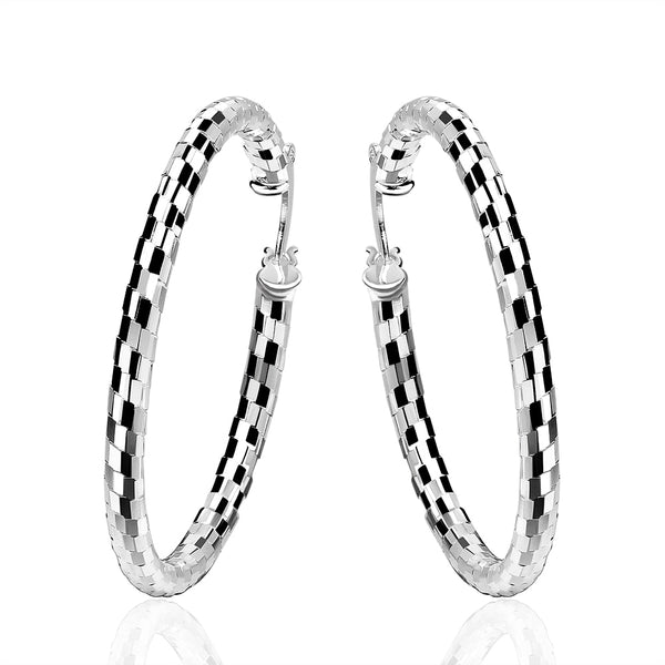 Women's CZ Checkered Silver Plated Classic Hoop Earrings