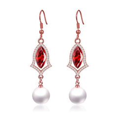 Pearl And Red Ruby Color Drop Earrings