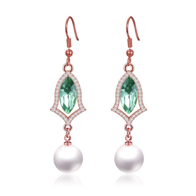 Pearl And Red Ruby Color Drop Earrings