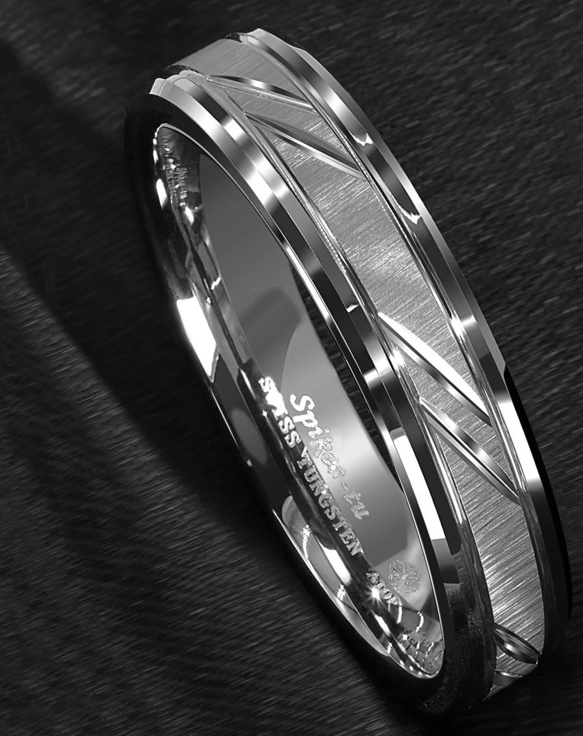 Men's 6mm Silver Leaf Inlay Polished Silver Tungsten Carbide Ring