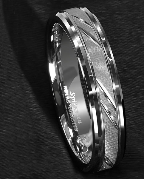 Men's 6mm Silver Leaf Inlay Polished Silver Tungsten Carbide Ring