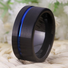Men's 10mm Blue Offset Groove Black Tungsten Carbide Ring