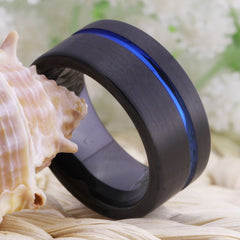 Men's 10mm Blue Offset Groove Black Tungsten Carbide Ring