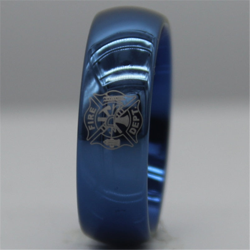 Men's 8mm Fire Fighter Engraved Domed Blue Tungsten Carbide Ring