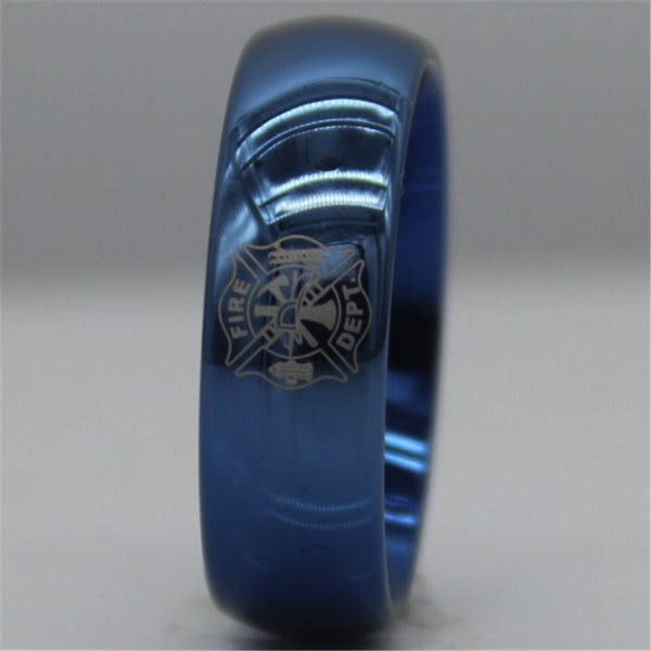 Men's 8mm Fire Fighter Engraved Domed Blue Tungsten Carbide Ring