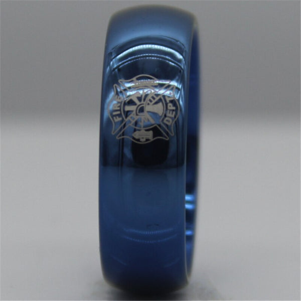 Men's 8mm Fire Fighter Engraved Domed Blue Tungsten Carbide Ring