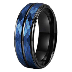 Men's 8mm Hammered Blue Bevel Black Tungsten Carbide Ring