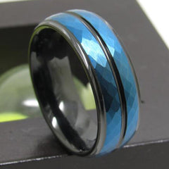 Men's 8mm Hammered Blue Bevel Black Tungsten Carbide Ring