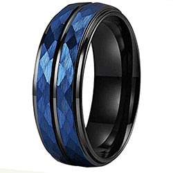 Men's 8mm Hammered Blue Bevel Black Tungsten Carbide Ring