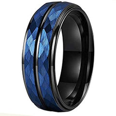 Men's 8mm Hammered Blue Bevel Black Tungsten Carbide Ring