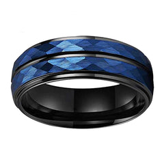 Men's 8mm Hammered Blue Bevel Black Tungsten Carbide Ring