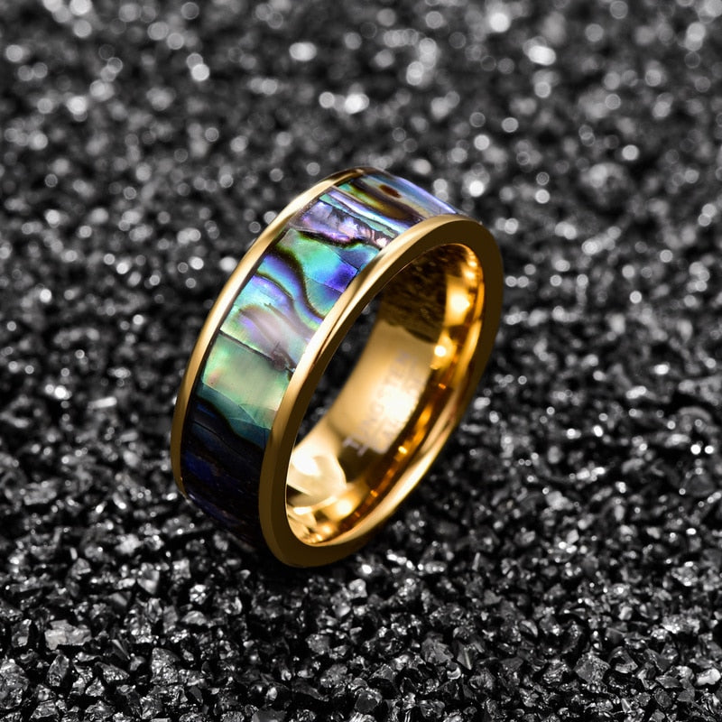 Men's 8mm Inlaid Abalone Gold Tungsten Carbide Ring