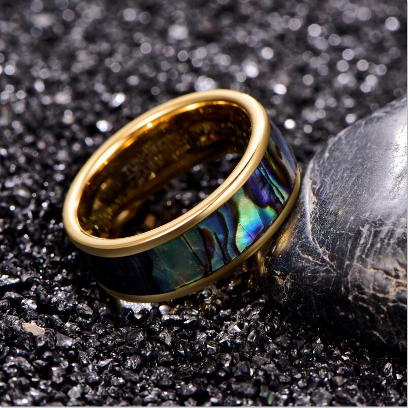 Men's 8mm Inlaid Abalone Gold Tungsten Carbide Ring