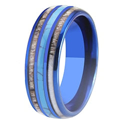 Men's 8mm Grey Stone and Turquoise Inlay Blue Tungsten Carbide Ring