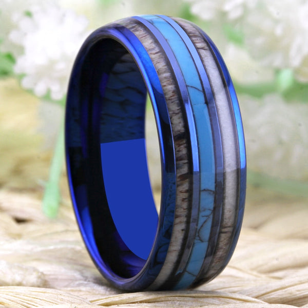 Men's 8mm Grey Stone and Turquoise Inlay Blue Tungsten Carbide Ring