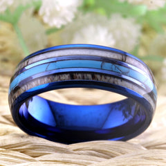 Men's 8mm Grey Stone and Turquoise Inlay Blue Tungsten Carbide Ring