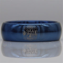 Men's 8mm Fire Fighter Engraved Domed Blue Tungsten Carbide Ring
