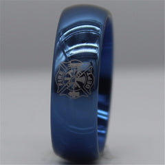 Men's 8mm Fire Fighter Engraved Domed Blue Tungsten Carbide Ring