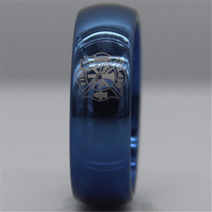 Men's 8mm Fire Fighter Engraved Domed Blue Tungsten Carbide Ring