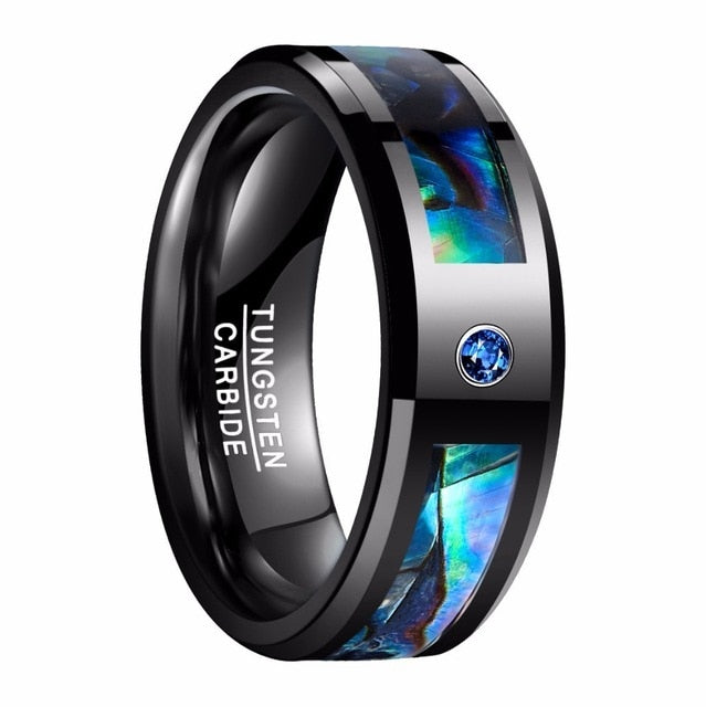 Men's 8mm Single Blue CZ and Shell Inlay Black Tungsten Carbide Ring