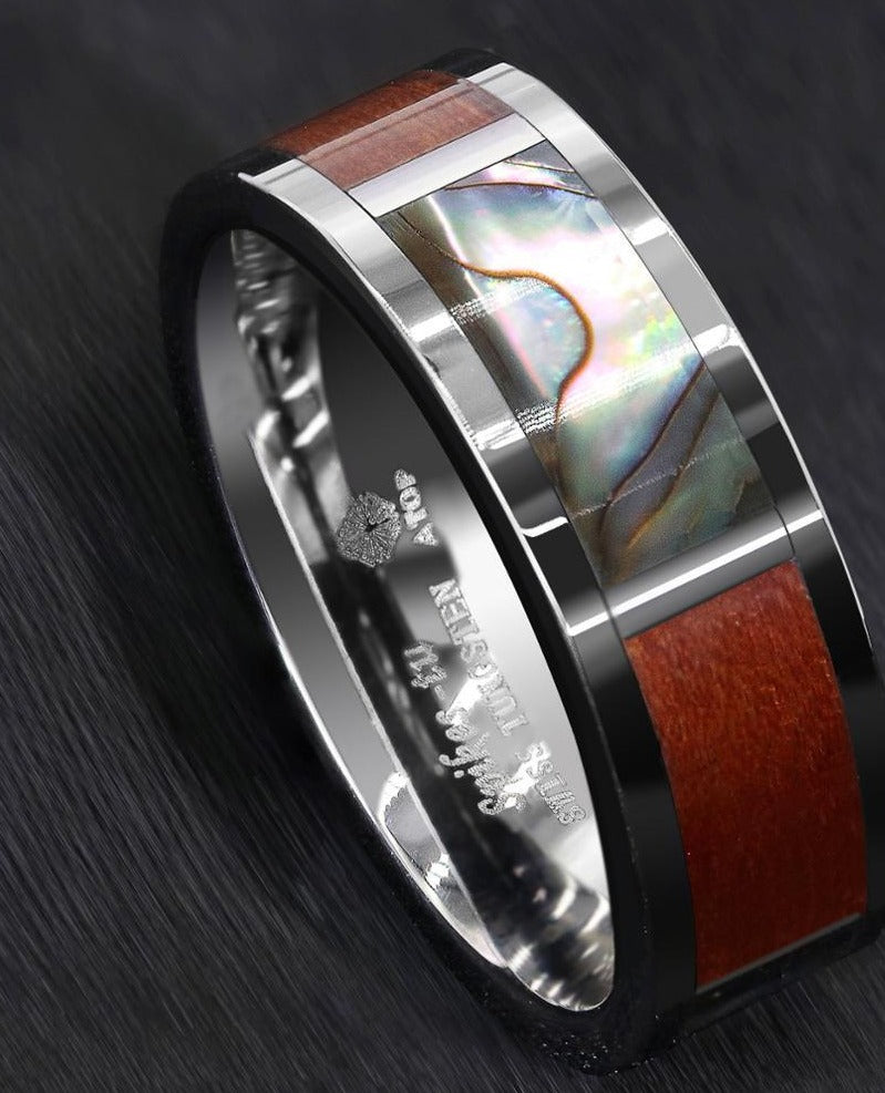 Men's 8mm Koa Wood Abalone  Square Inlay Silver Tungsten Carbide Ring
