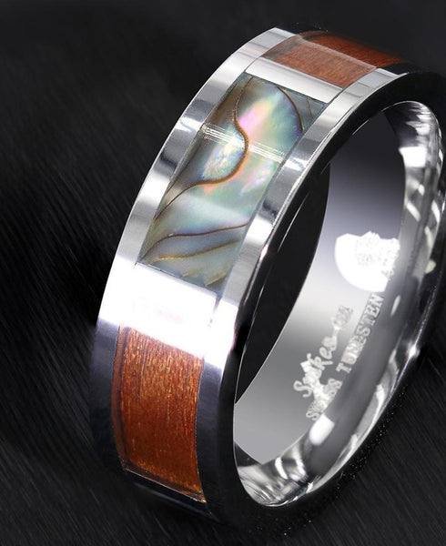 Men's 8mm Koa Wood Abalone  Square Inlay Silver Tungsten Carbide Ring