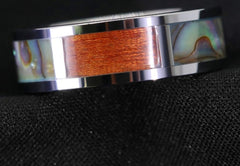 Men's 8mm Koa Wood Abalone  Square Inlay Silver Tungsten Carbide Ring