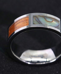 Men's 8mm Koa Wood Abalone  Square Inlay Silver Tungsten Carbide Ring