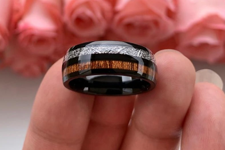 Men's 8mm Koa Wood and Meteorite Inlay Black Tungsten Carbide Ring