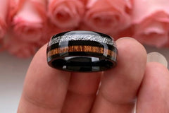 Men's 8mm Koa Wood and Meteorite Inlay Black Tungsten Carbide Ring