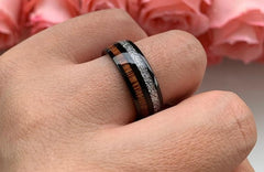Men's 8mm Koa Wood and Meteorite Inlay Black Tungsten Carbide Ring