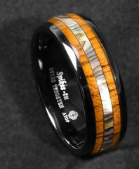 Men's 8mm Koa Wood and Abalone Inlay Black Inner Tungsten Carbide Ring