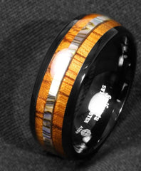 Men's 8mm Koa Wood and Abalone Inlay Black Inner Tungsten Carbide Ring