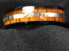 Men's 8mm Koa Wood and Abalone Inlay Black Inner Tungsten Carbide Ring