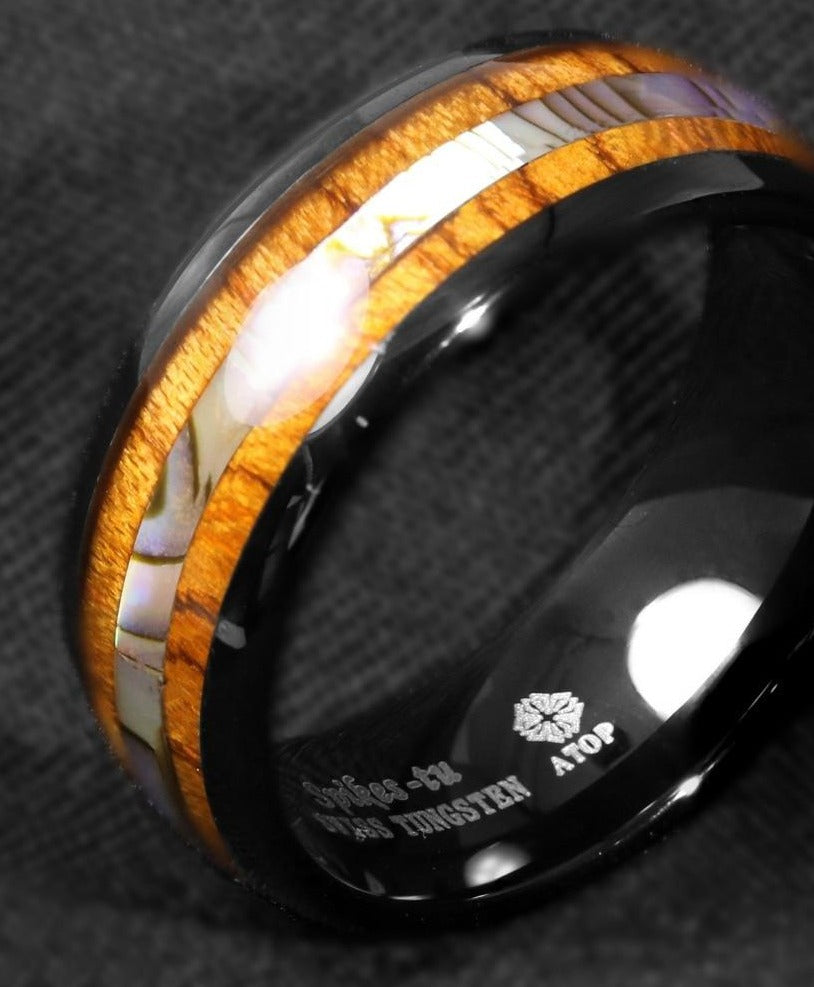 Men's 8mm Koa Wood and Abalone Inlay Black Inner Tungsten Carbide Ring