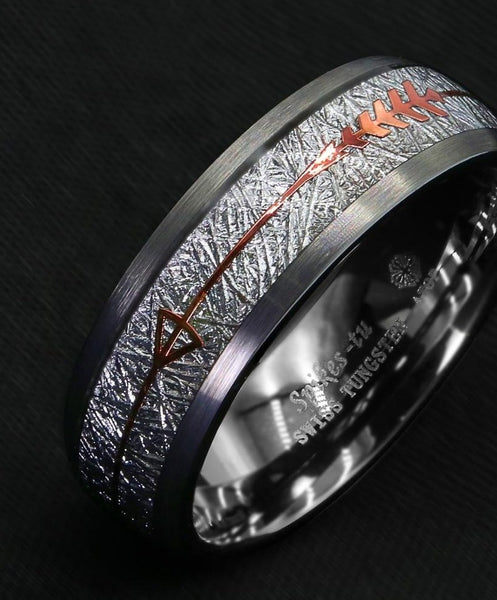 Men's 8mm Rock Gray Inlay Rose Gold Arrow Tungsten Carbide Ring