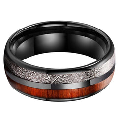Men's 8mm Koa Wood and Meteorite Inlay Black Tungsten Carbide Ring