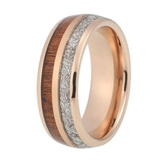 Men's 8mm Koa Wood and Meteorite Inlay Rose Gold Tungsten Carbide Ring