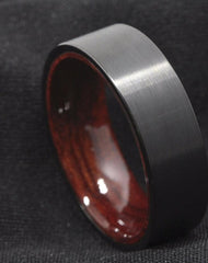 Men's 8mm Red Sandal Wood Inner Brushed Black Tungsten Carbide Ring