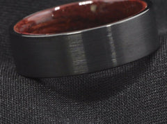 Men's 8mm Red Sandal Wood Inner Brushed Black Tungsten Carbide Ring