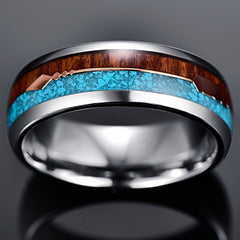 Men's 9mm Wood and Blue Opal Tungsten Carbide Ring