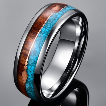 Men's 9mm Wood and Blue Opal Tungsten Carbide Ring