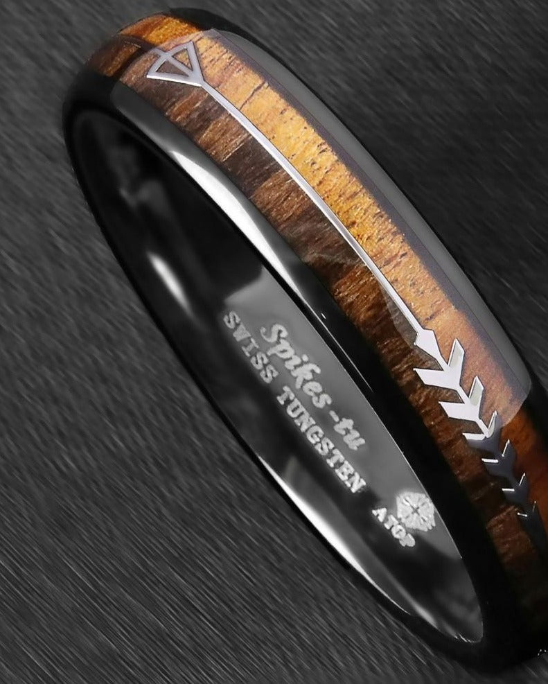 Men's 6mm Walnut and Koa Wood Silver Arrow Inlay Tungsten Carbide Ring