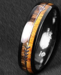 Men's 6mm Walnut and Koa Wood Silver Arrow Inlay Tungsten Carbide Ring