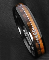 Men's 6mm Walnut and Koa Wood Silver Arrow Inlay Tungsten Carbide Ring