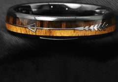 Men's 6mm Walnut and Koa Wood Silver Arrow Inlay Tungsten Carbide Ring